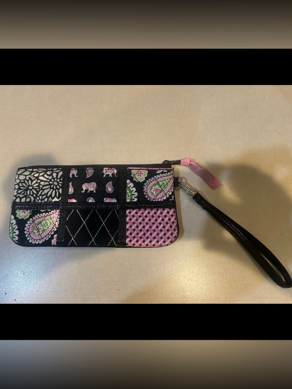 Vera Bradley Black and Pink Patchwork Paisley Wristlet